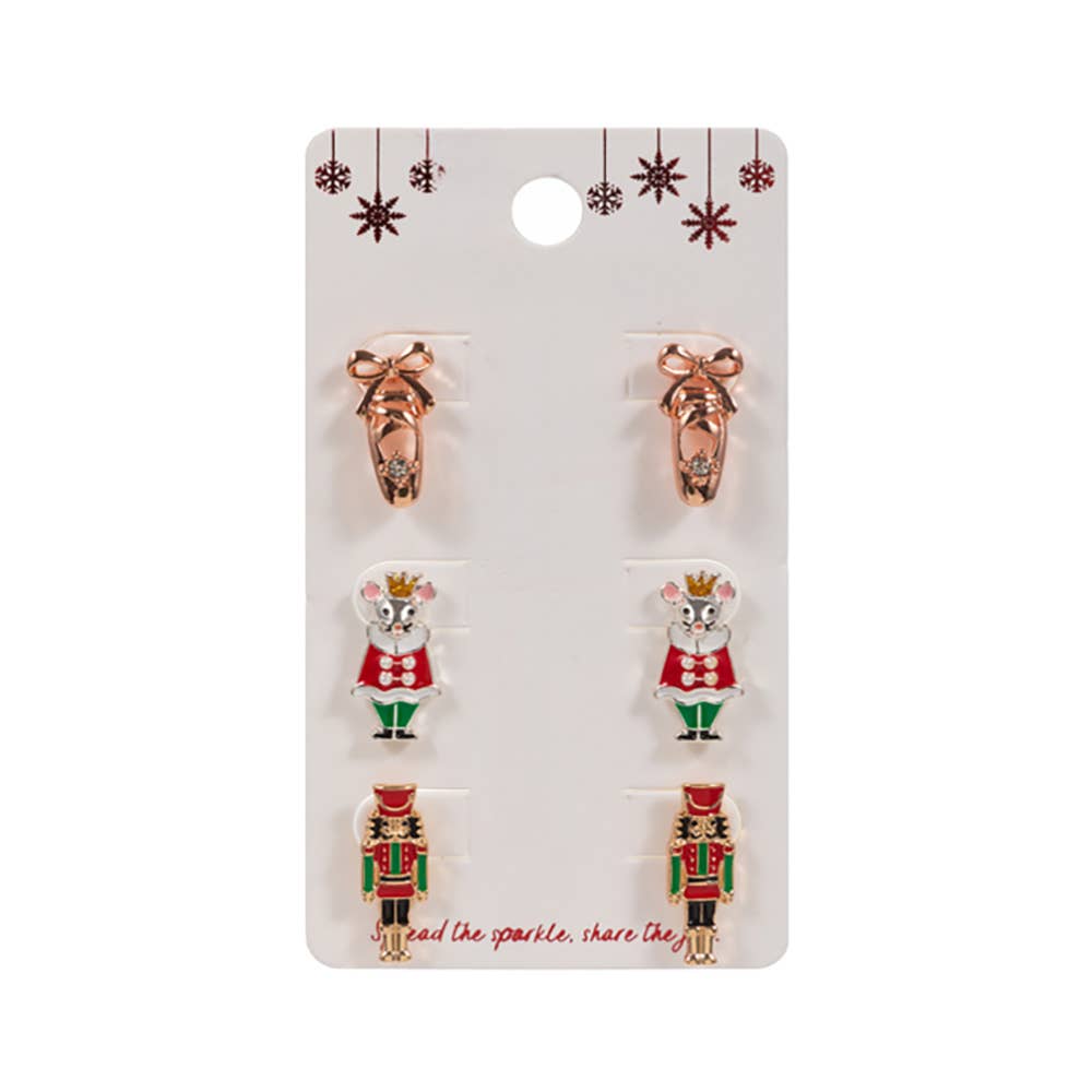 3Pairs - Nutcracker Soldier Mouse King Ballet Shoe Stud Earring Set