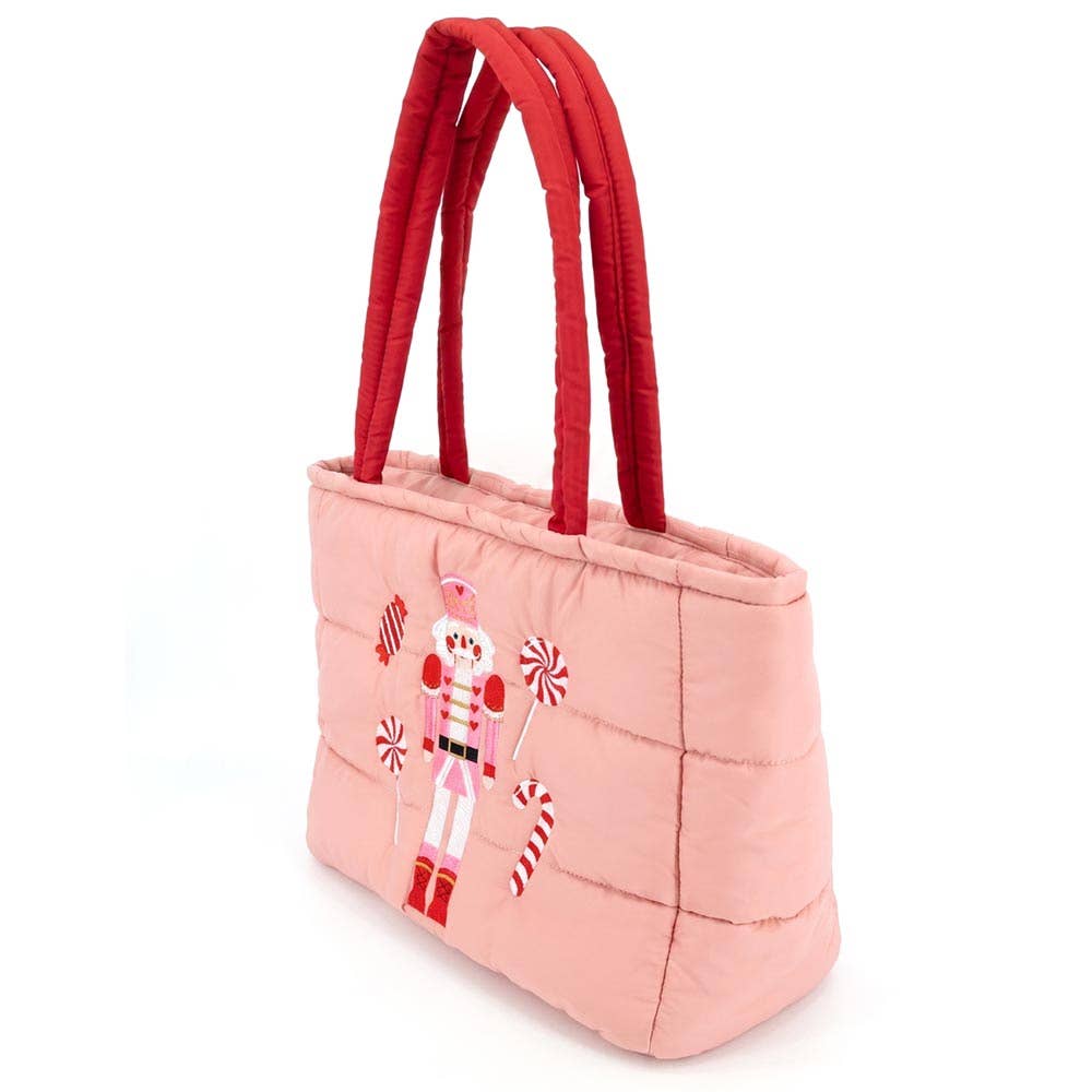 Nutcracker Holiday Candy Cane Embroidered Quilted Shoulder Tote Bag