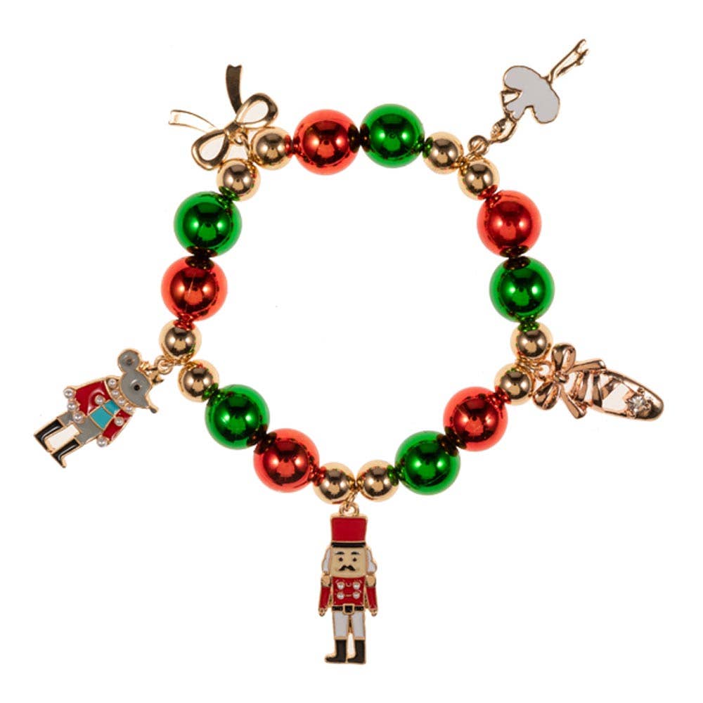 Christmas Nutcracker Bow Charm Beaded Stretch Bracelet
