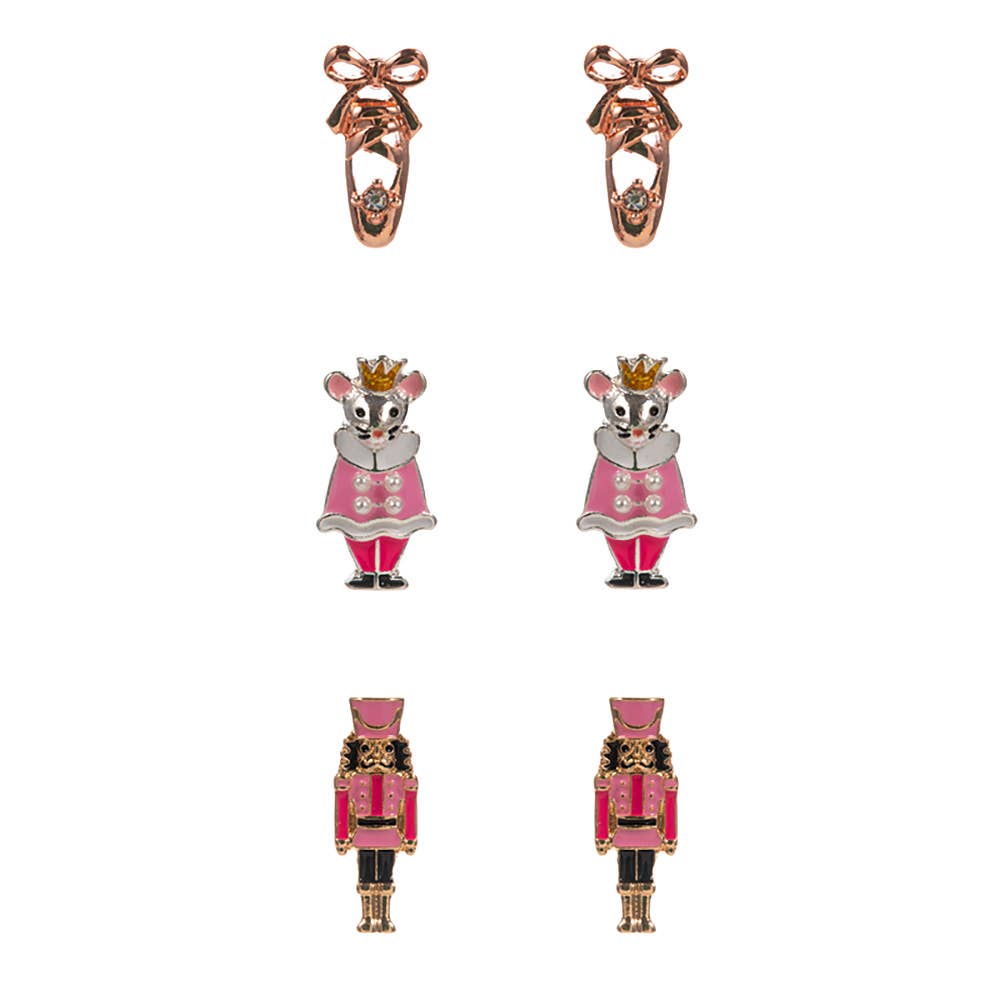 3Pairs - Nutcracker Soldier Mouse King Ballet Shoe Stud Earring Set