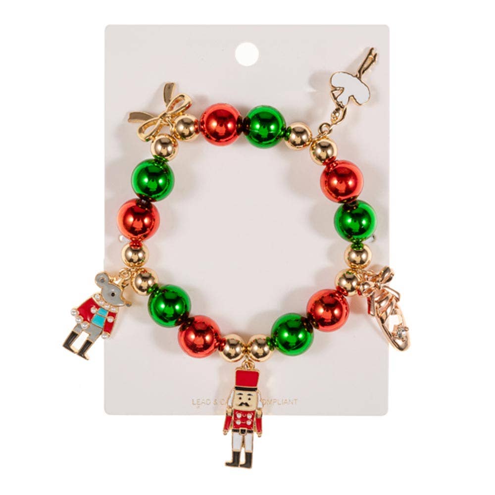 Christmas Nutcracker Bow Charm Beaded Stretch Bracelet