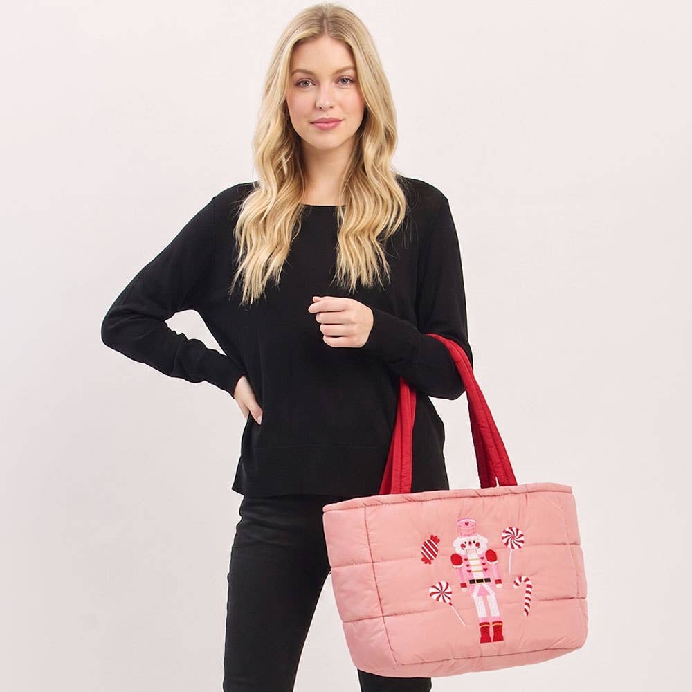 Nutcracker Holiday Candy Cane Embroidered Quilted Shoulder Tote Bag