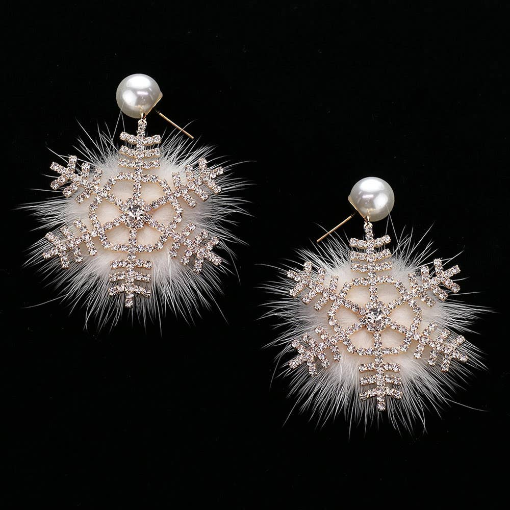 Pearl Pointed Stone Paved Snowflake Pom Pom Dangle Earrings
