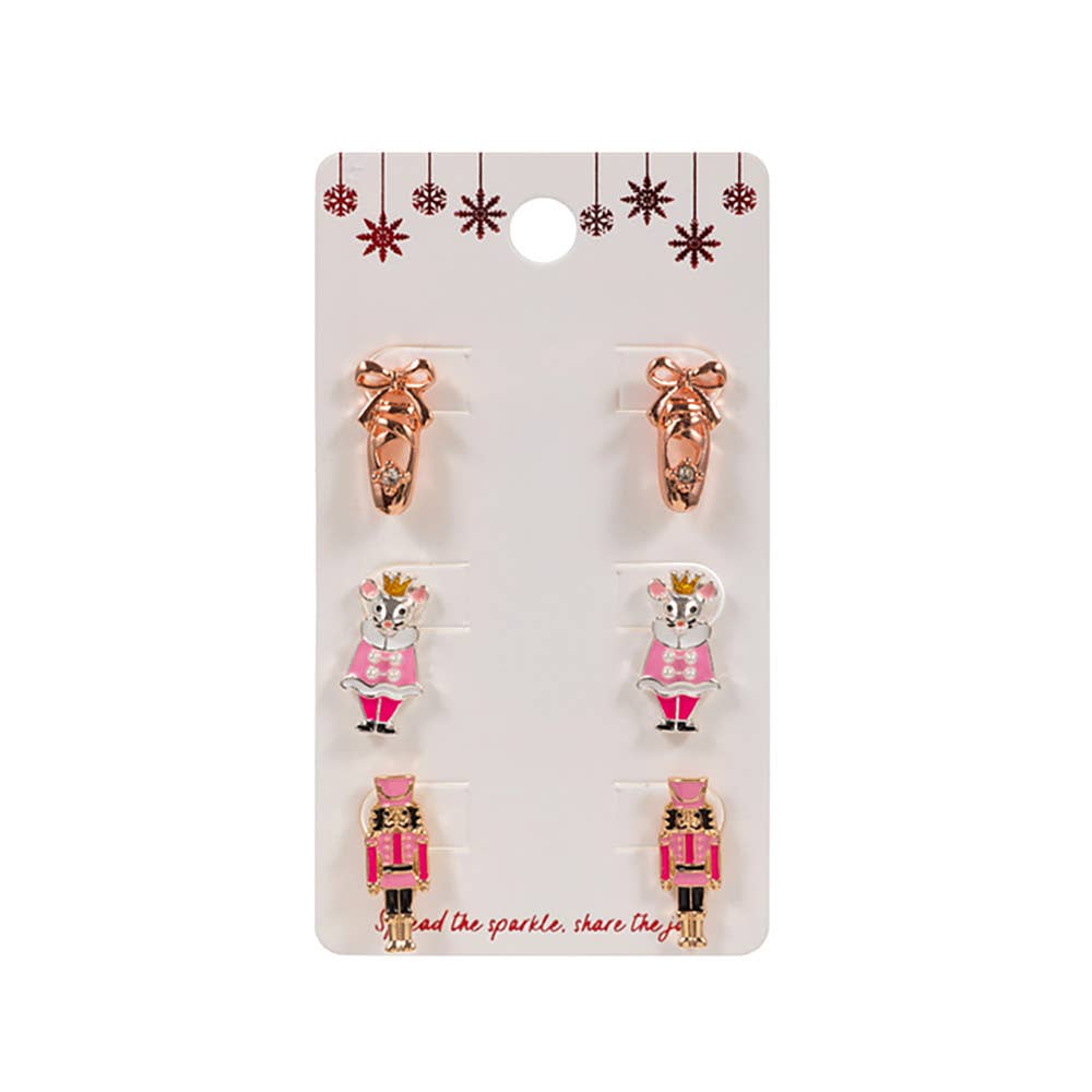 3Pairs - Nutcracker Soldier Mouse King Ballet Shoe Stud Earring Set