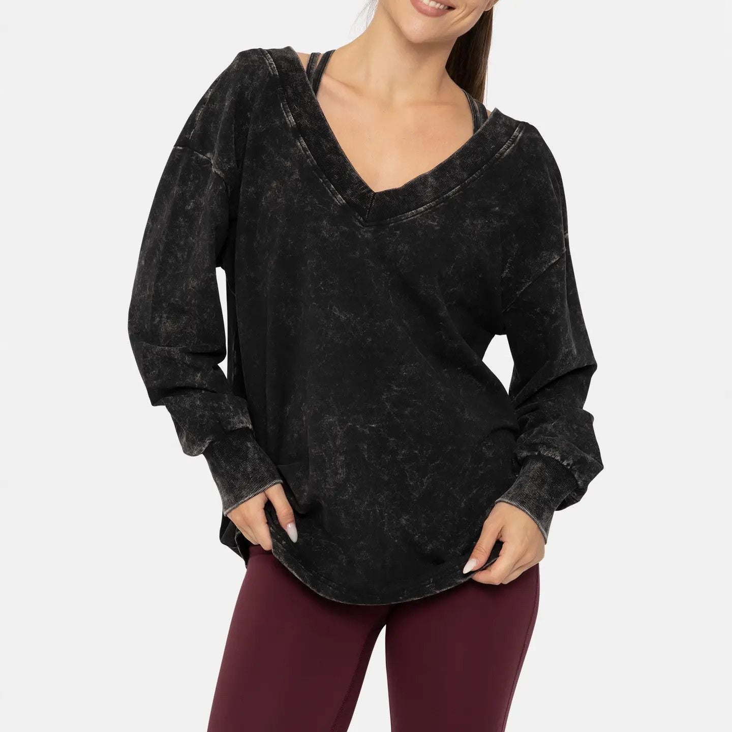 Mono B Mineral Wash Cotton Blend Deep V- Neck Long Sleeve