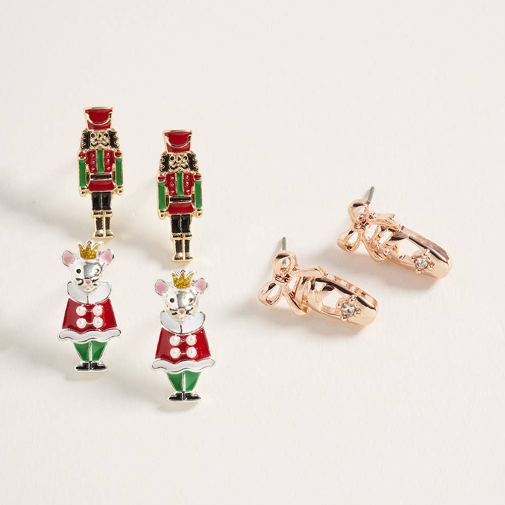 3Pairs - Nutcracker Soldier Mouse King Ballet Shoe Stud Earring Set