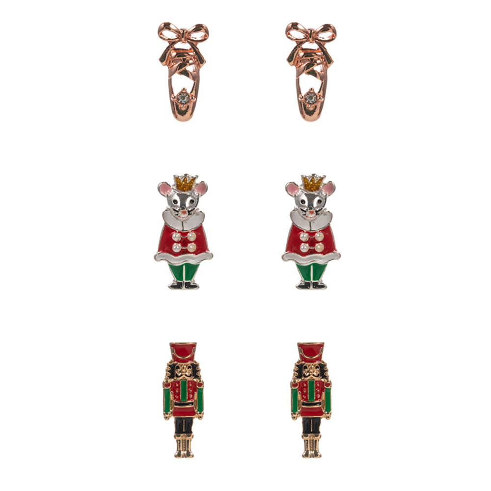 3Pairs - Nutcracker Soldier Mouse King Ballet Shoe Stud Earring Set