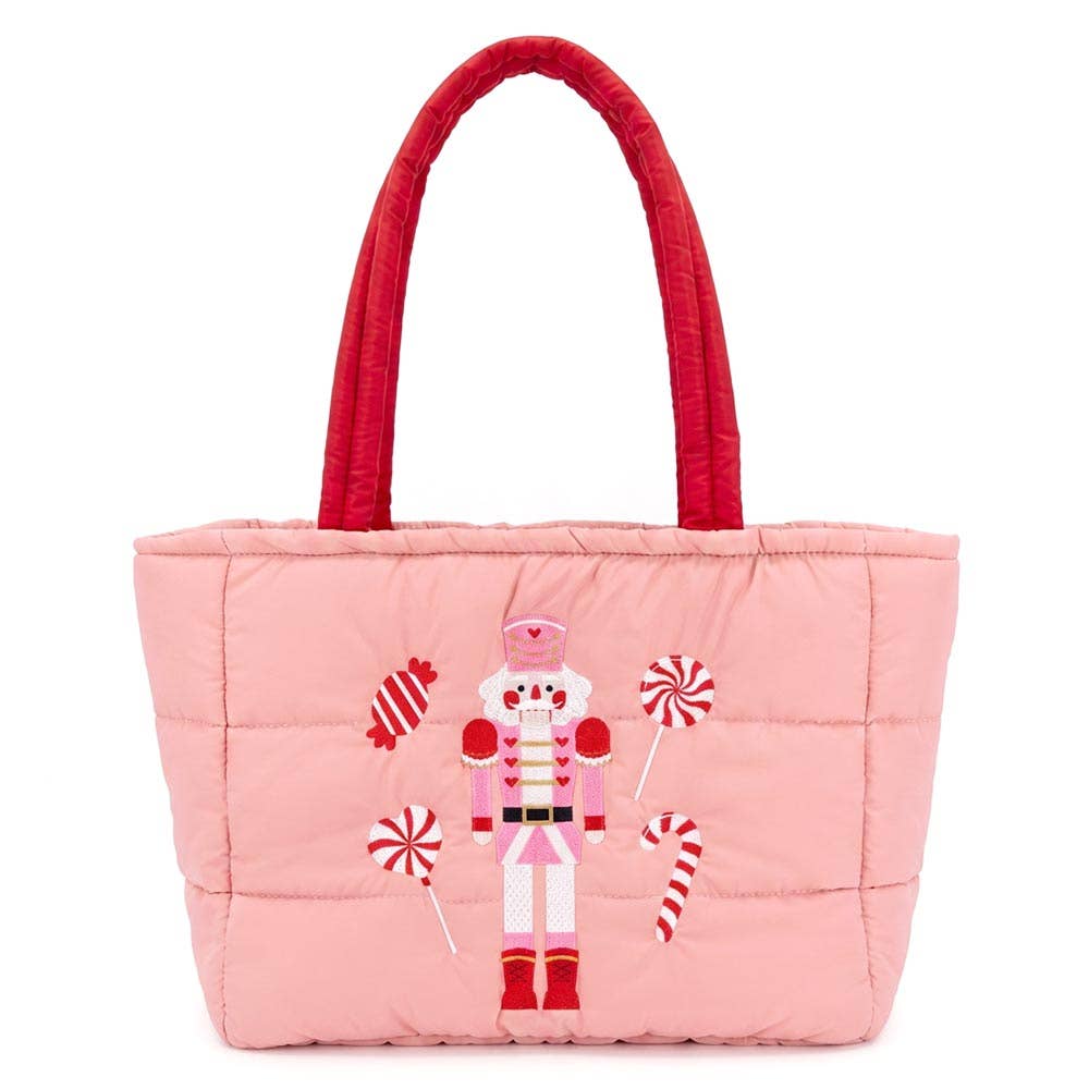 Nutcracker Holiday Candy Cane Embroidered Quilted Shoulder Tote Bag