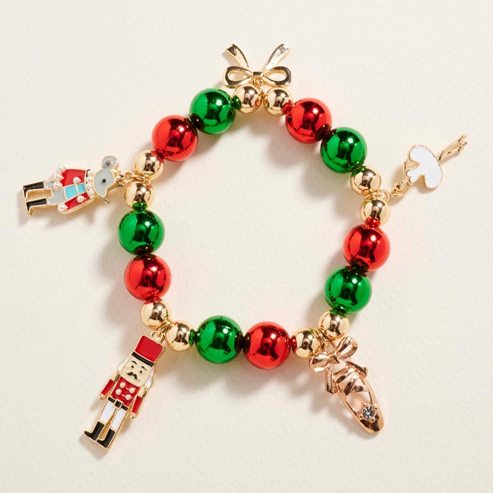 Christmas Nutcracker Bow Charm Beaded Stretch Bracelet