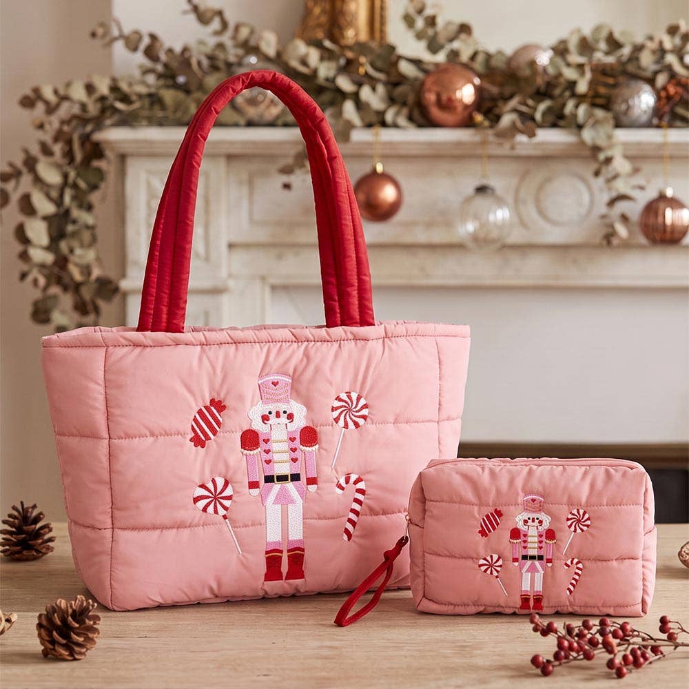 Nutcracker Holiday Candy Cane Embroidered Quilted Shoulder Tote Bag