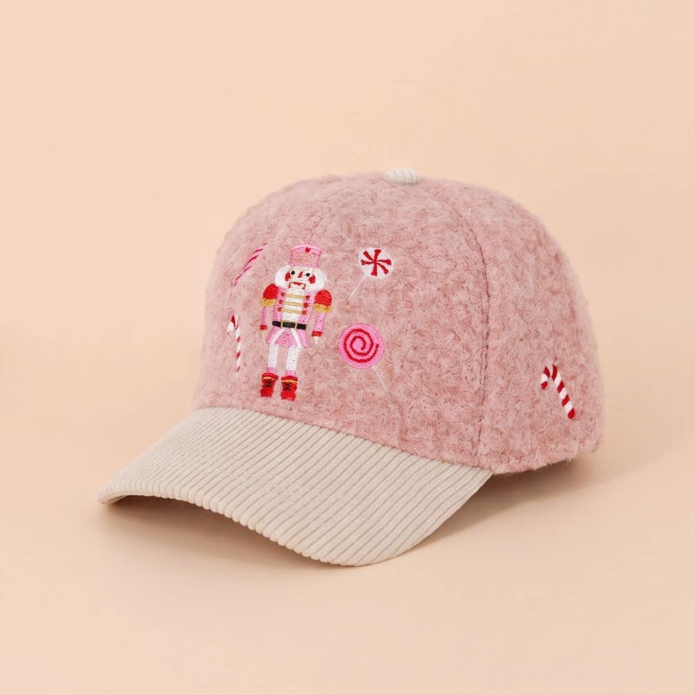 Nutcracker Holiday Candy Cane Embroidered Fuzzy Corduroy Baseball Cap